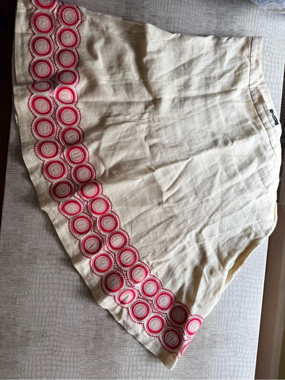 90s JCrew Linen Flare Skirt with Pink Embroidered Trim